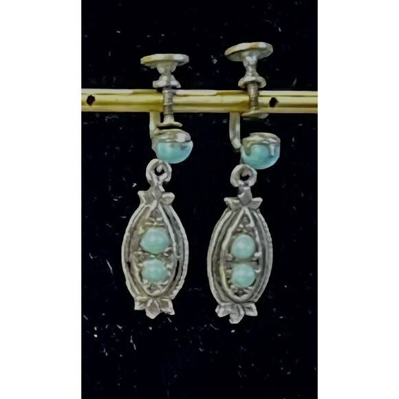 Turquoise Screwback Earring Set Vintage Dangle Silver Plated Southwestern Retro - Picture 9 of 12